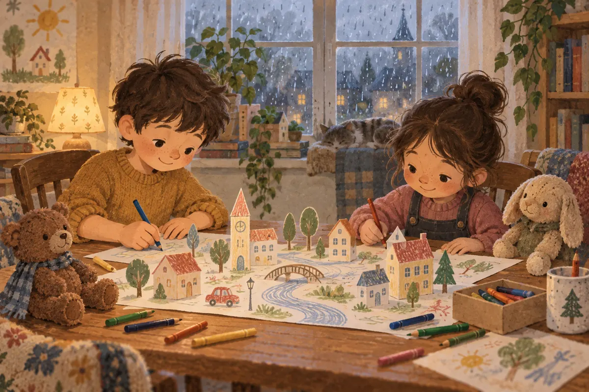 Ilustracja dzieci rysujących papierowe miasteczko podczas deszczowego popołudnia w mieszkaniu.