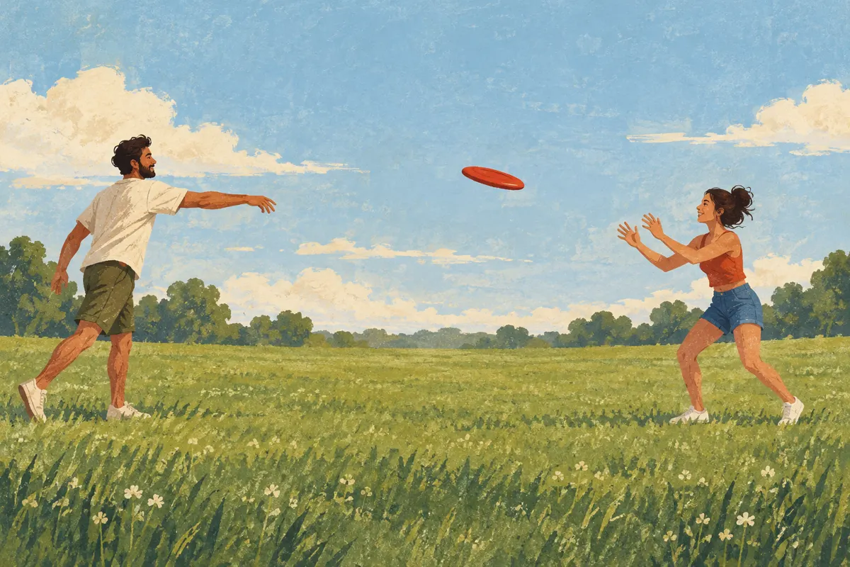 Ilustracja dwóch osób ćwiczących podania frisbee na trawniku