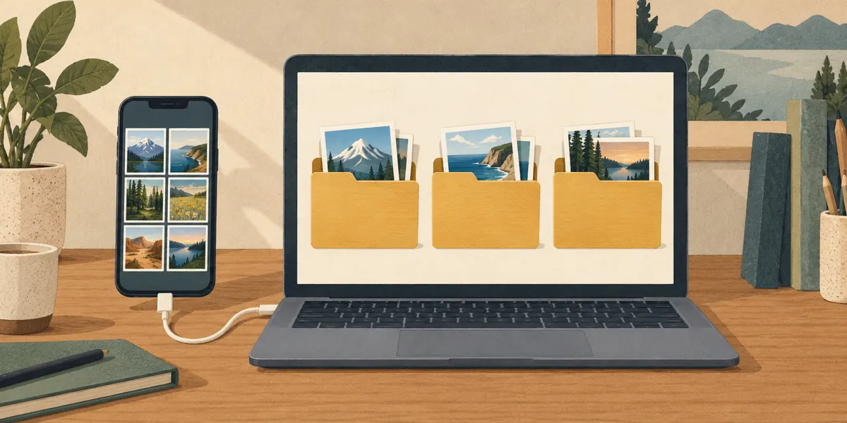 Ilustracja telefonu, laptopa i folderów z uporządkowanymi zdjęciami.